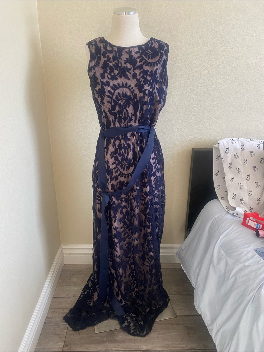 Adrianna Papell Navy Lace Overlay Maxi Dress with Nude Underlay